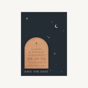 Ímã de reserva de data de casamento - Reserve as datas gravadas em madeira - Casamento boho - Céu noturno celestial