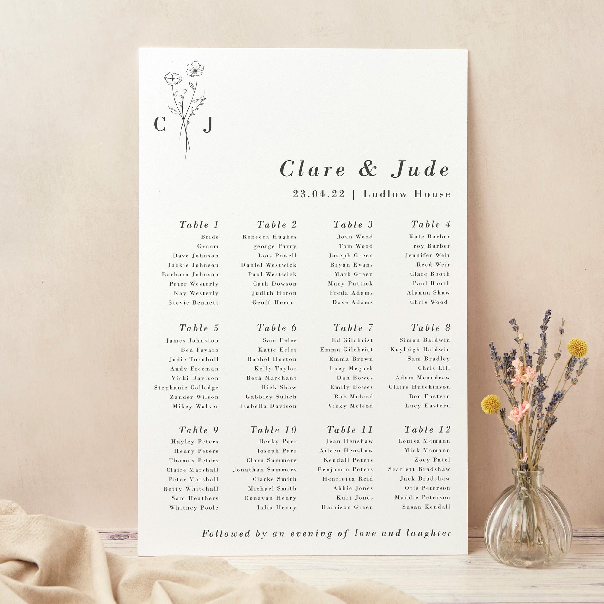 Wedding Table Plan, Seating Chart, Simple Floral