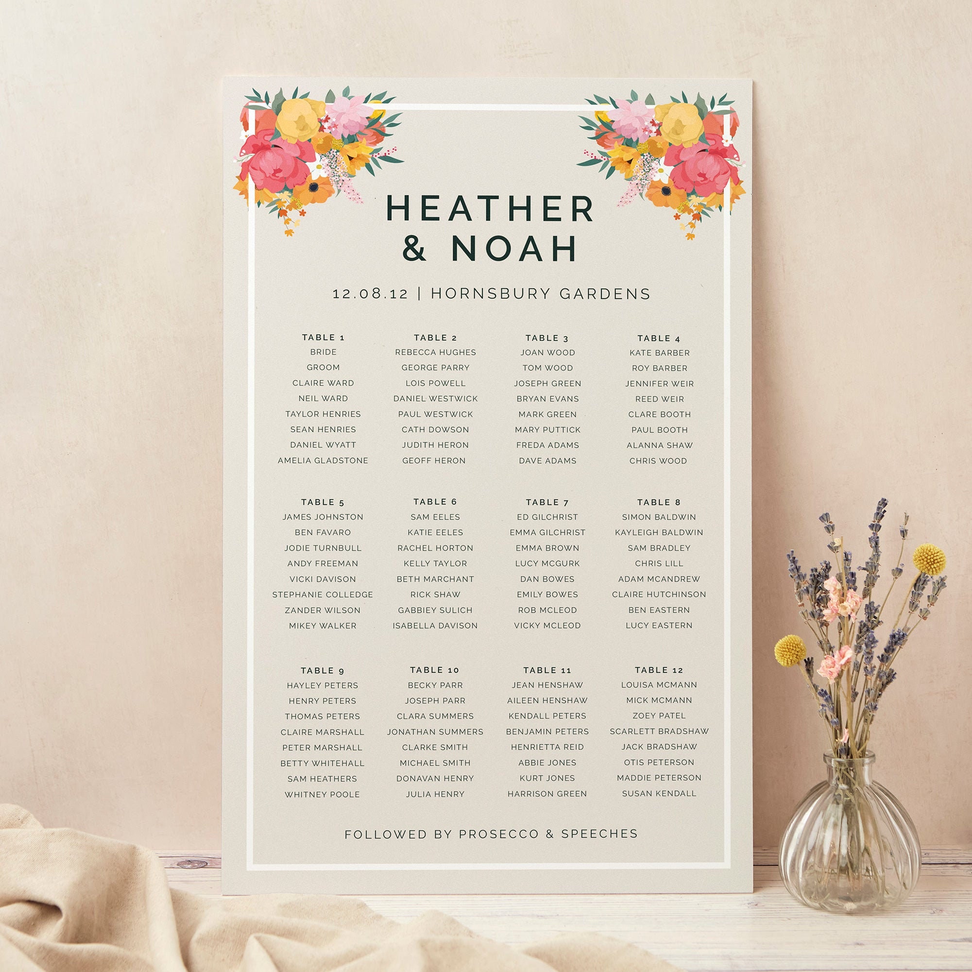 Wedding Table Plan, Seating Chart, Bright Flowers