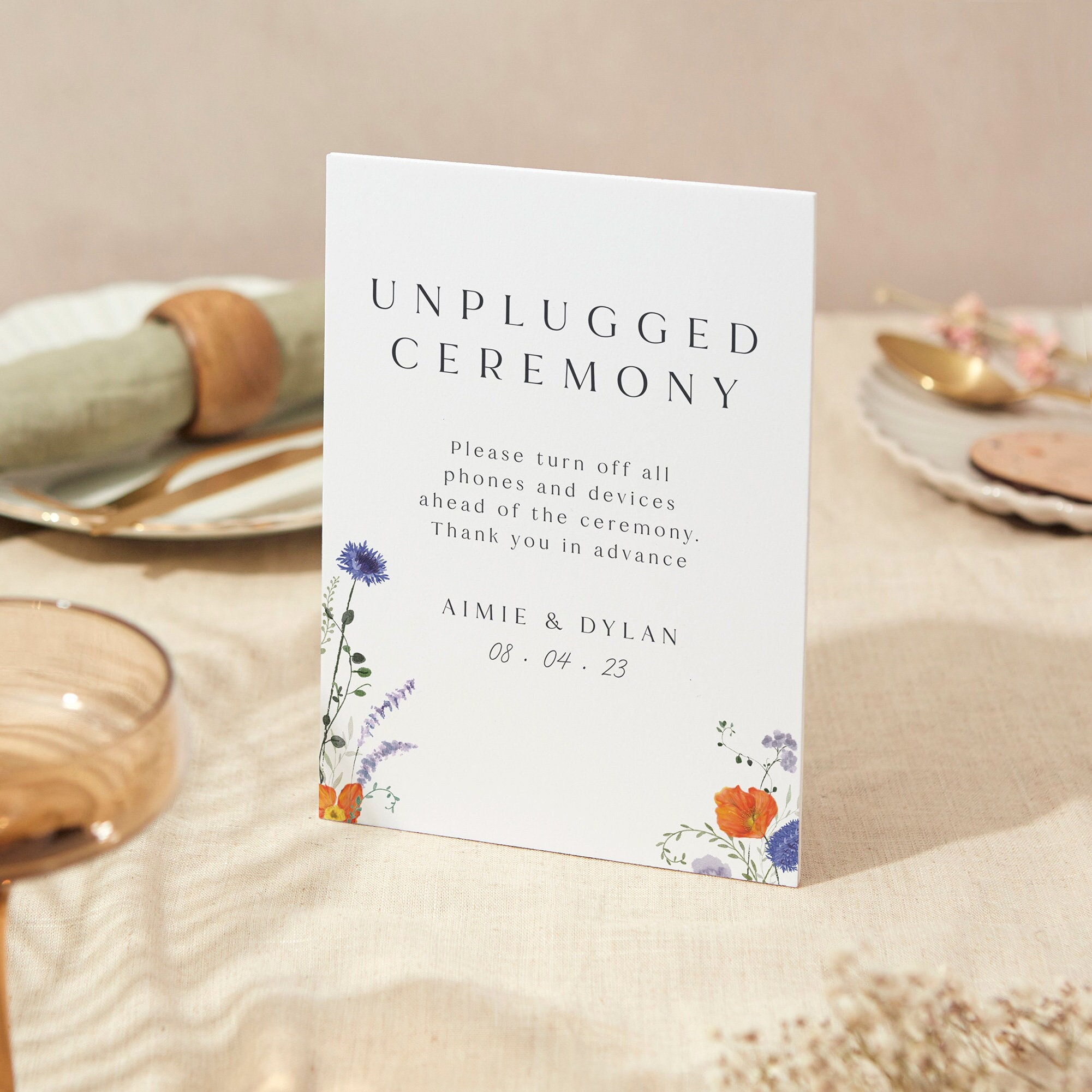 Unplugged Sign | Wedding A5 Sturdy Foamex Pressed Wildflowers