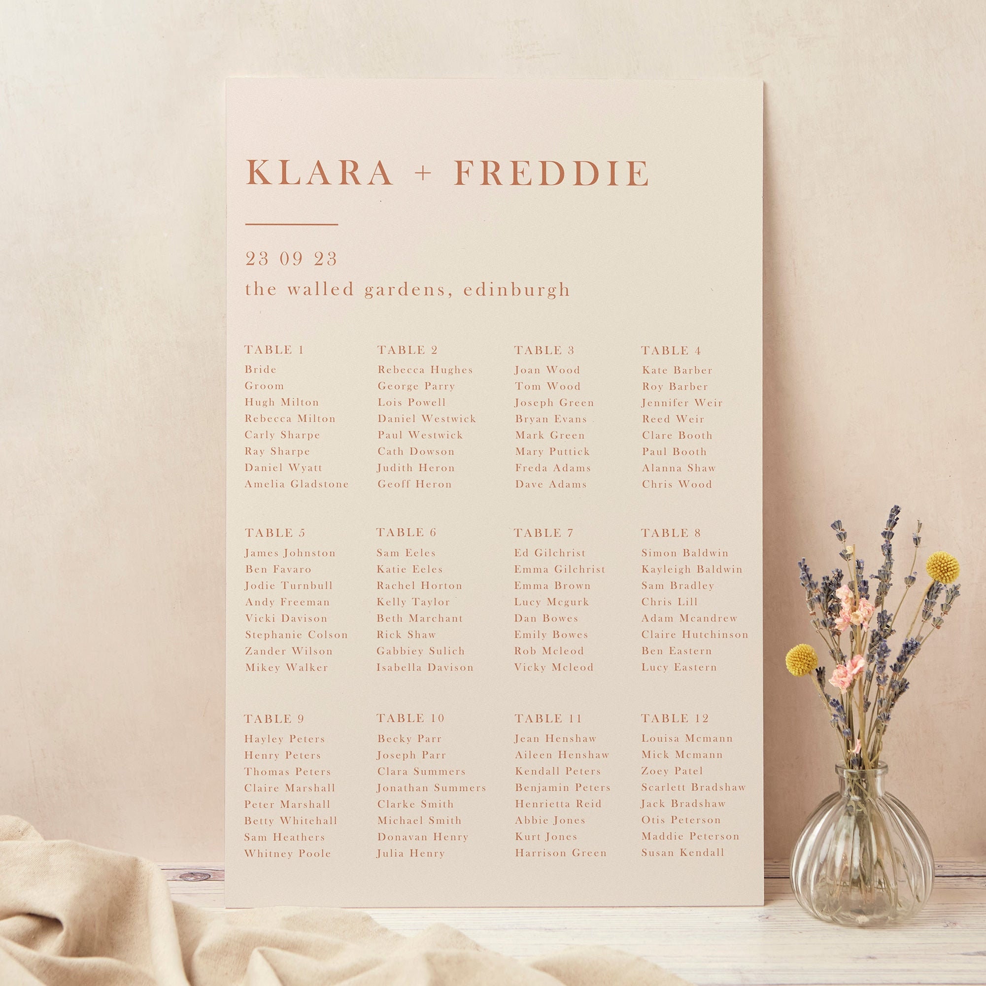 Wedding Table Plan, Seating Chart, Caramel Autumn Colour Block