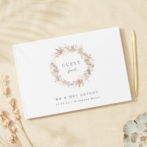 Dried Flower Wreath Linen Guest Book - Personalised Guest Book - Custom Wedding Guestbook - Linen Landscape Wedding Book