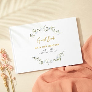 Spring Flowers Linen Guest Book - Personalised Guest Book - Custom Wedding Guestbook - Linen Landscape Wedding Book