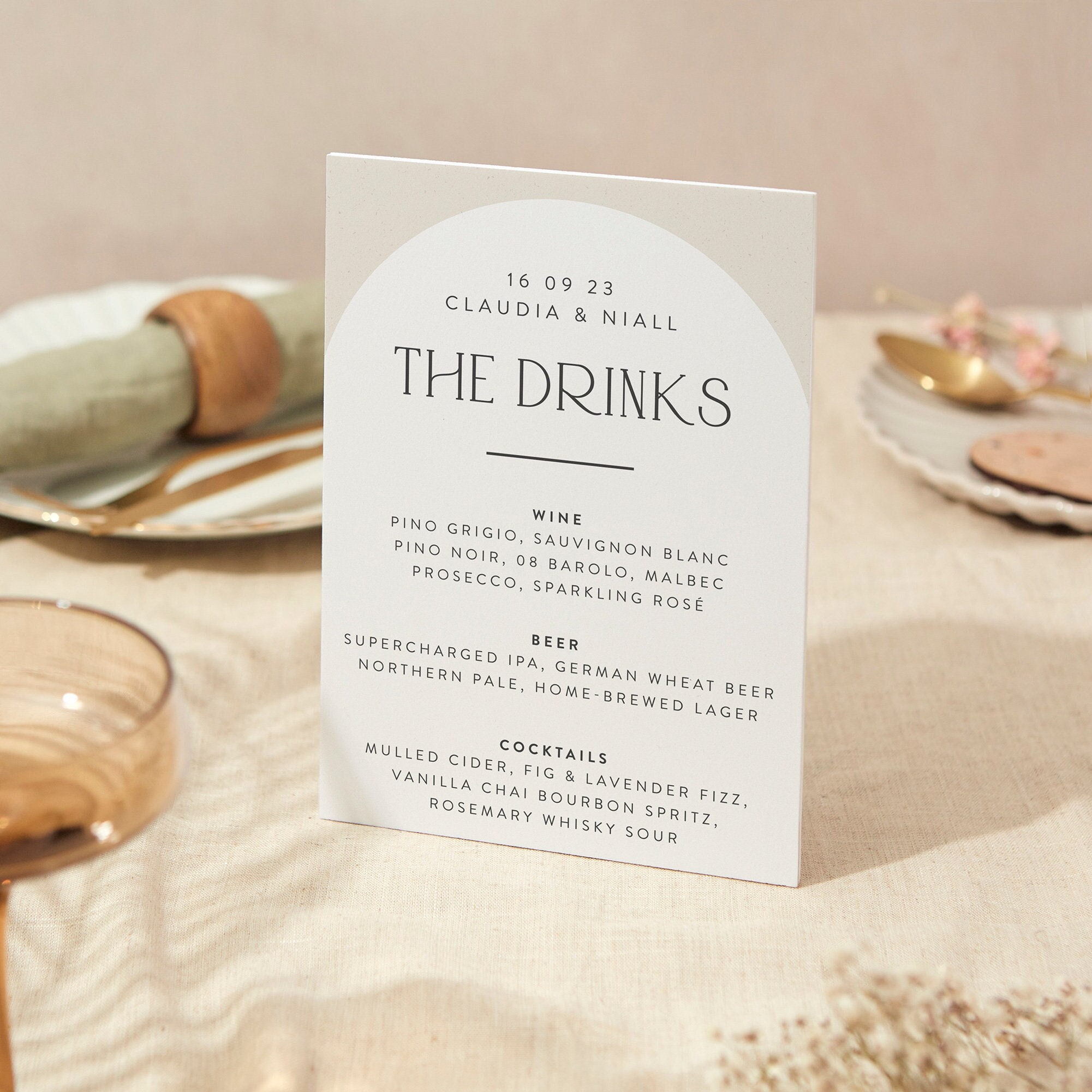 Drinks Menu Sign | Wedding A5 Sturdy Foamex Minimalist Arch