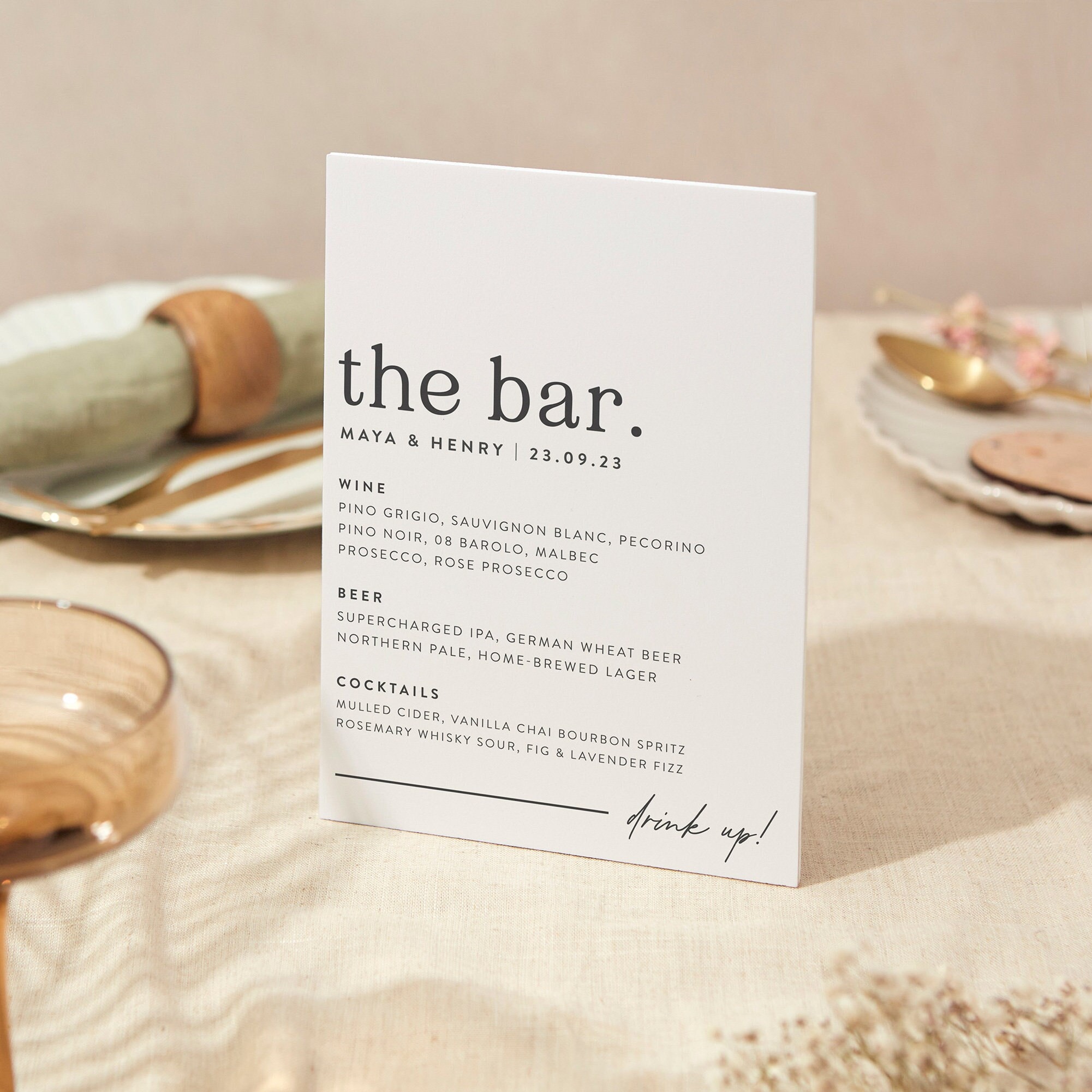 Drinks Menu Sign | Wedding A5 Sturdy Foamex Modern Serif