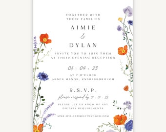 Pressed Wildflower Wedding Reception Invitation - Elegant Evening Invite