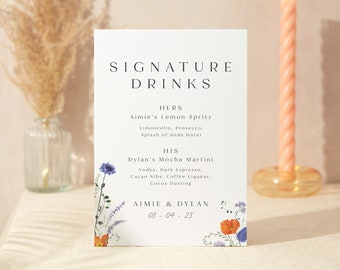 Signature Drinks Sign | Wedding Sign | A4 Sturdy Foamex Sign | Pressed Wildflowers