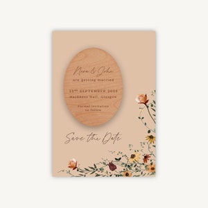 Aimant "Retenez cette date" pour mariage - Réservez cette date gravé en bois - Mariage d'automne - Fleurs sauvages d'automne