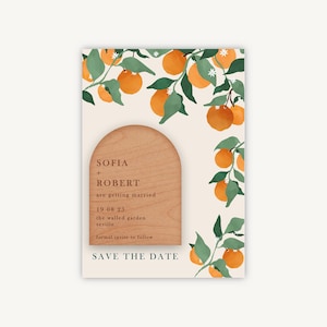 Save the Date bruiloft - houten gegraveerde magneet Save the Date - mediterrane sinaasappelen houten magneet Save the Date