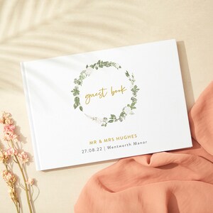 White Floral Linen Guest Book - Personalised Guest Book - Custom Wedding Guestbook - Linen Landscape Wedding Book