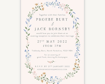 Wildflower Wreath Evening Wedding Invitations - Custom Reception Invites
