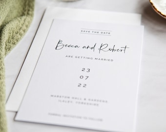 White Modern Script Wedding Save the Date, Luxury Wedding Save the Date