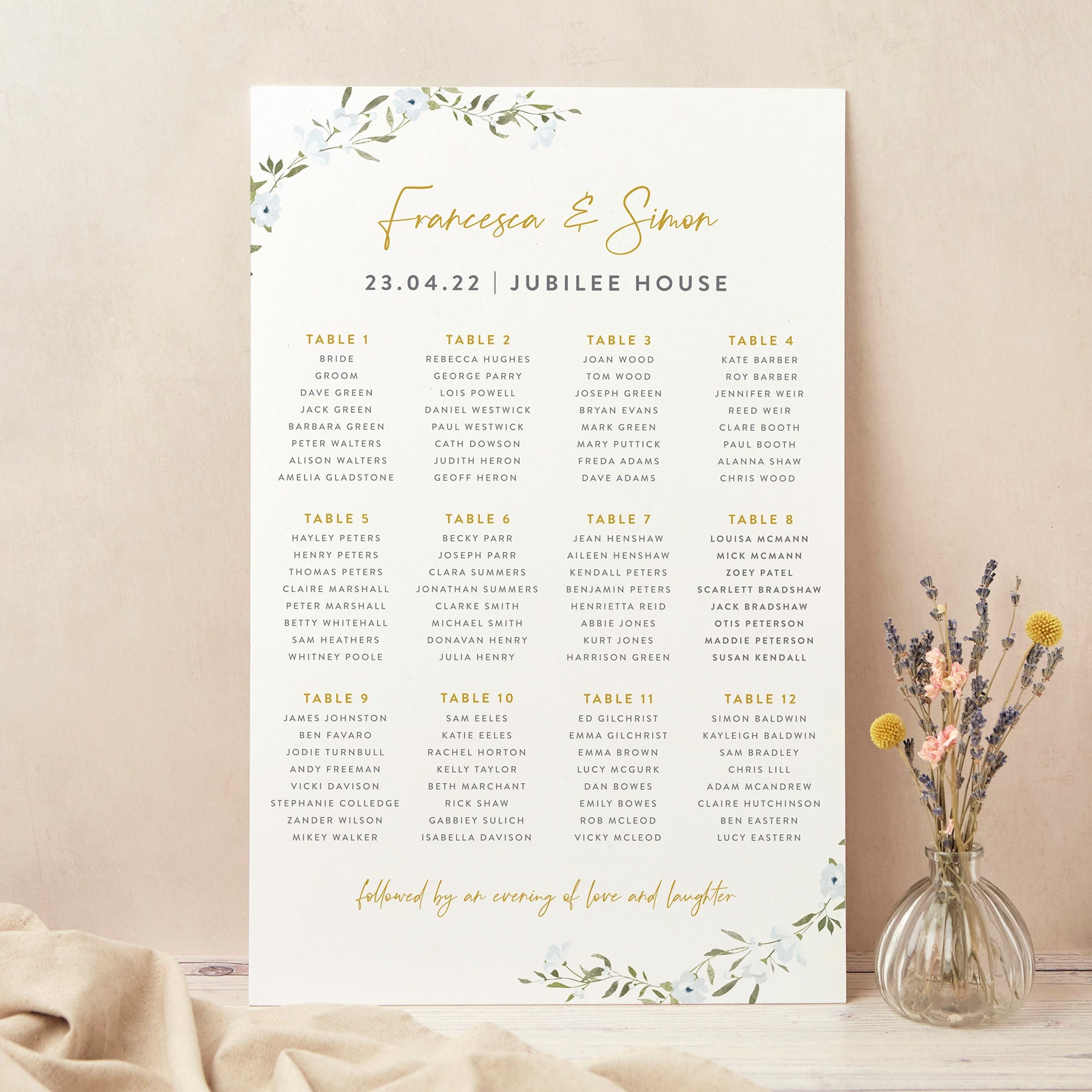 Wedding Table Plan, Seating Chart, Spring Flowers