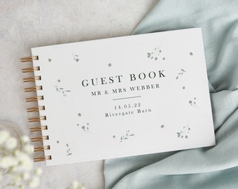 Sage Wildflower Wedding Guest Book - Personalised Guest Book - Custom Wedding Guestbook - Wire Spiral Bound Landscape Wedding Book