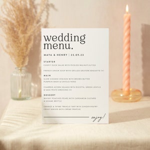 Hochzeits-Menü-Zeichen | Hochzeit Zeichen | A5 Robustes Foamex Schild | Moderne Serif
