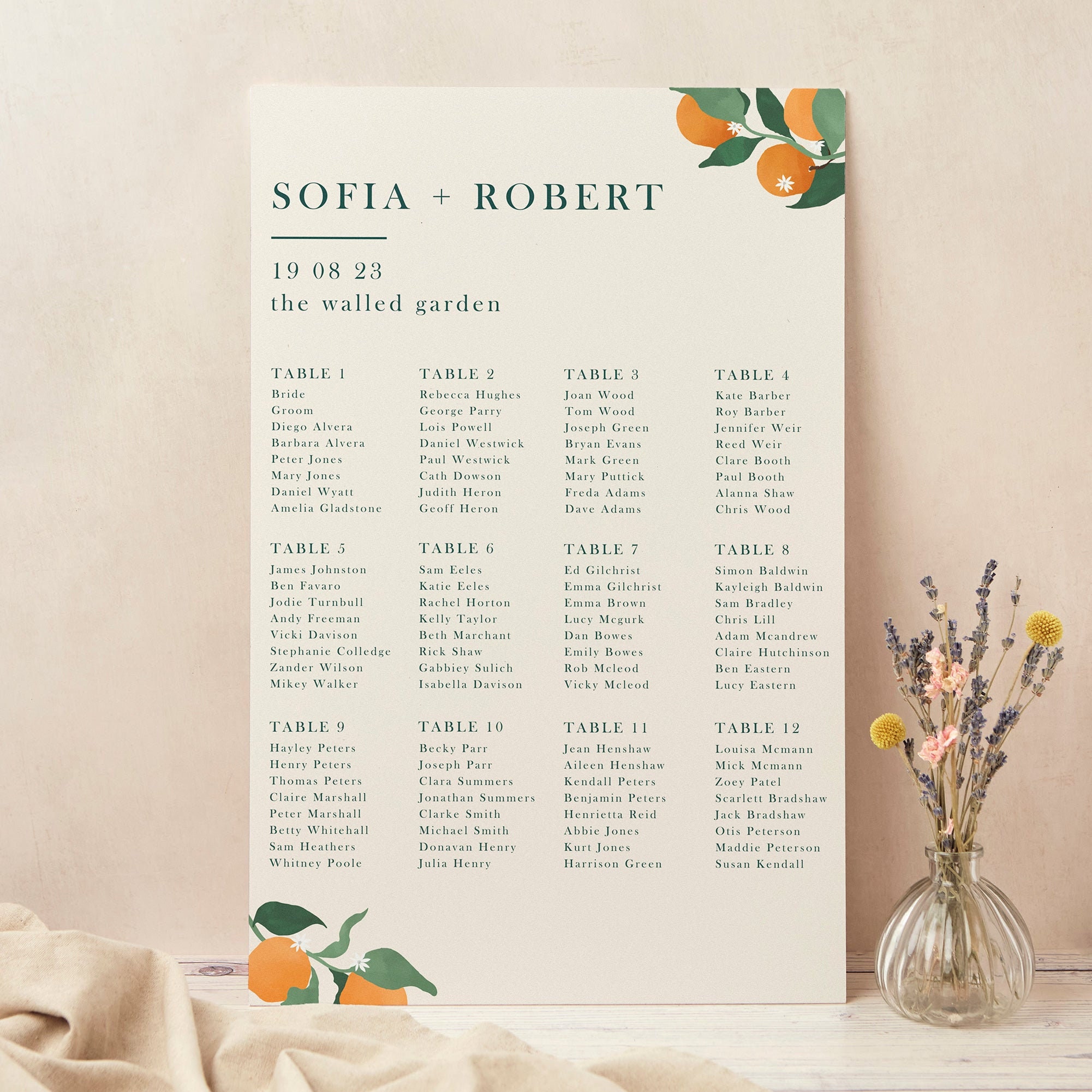 Wedding Table Plan, Seating Chart, Mediterranean Oranges