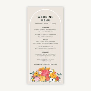 Menú de boda personalizado - Menús de desayuno de boda - Diseño de menú de boda - Flores brillantes