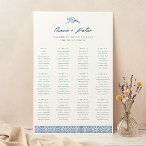 &quot;Hochzeitstischplan Personalisierter Sitzplan Individueller Sitzplan Tischplan &quot;&quot;Finde Dein Platz&quot;&quot; Schild Großer Frühstücksplan Hochzeit - Blaue Fliesen Mediterran.&quot;