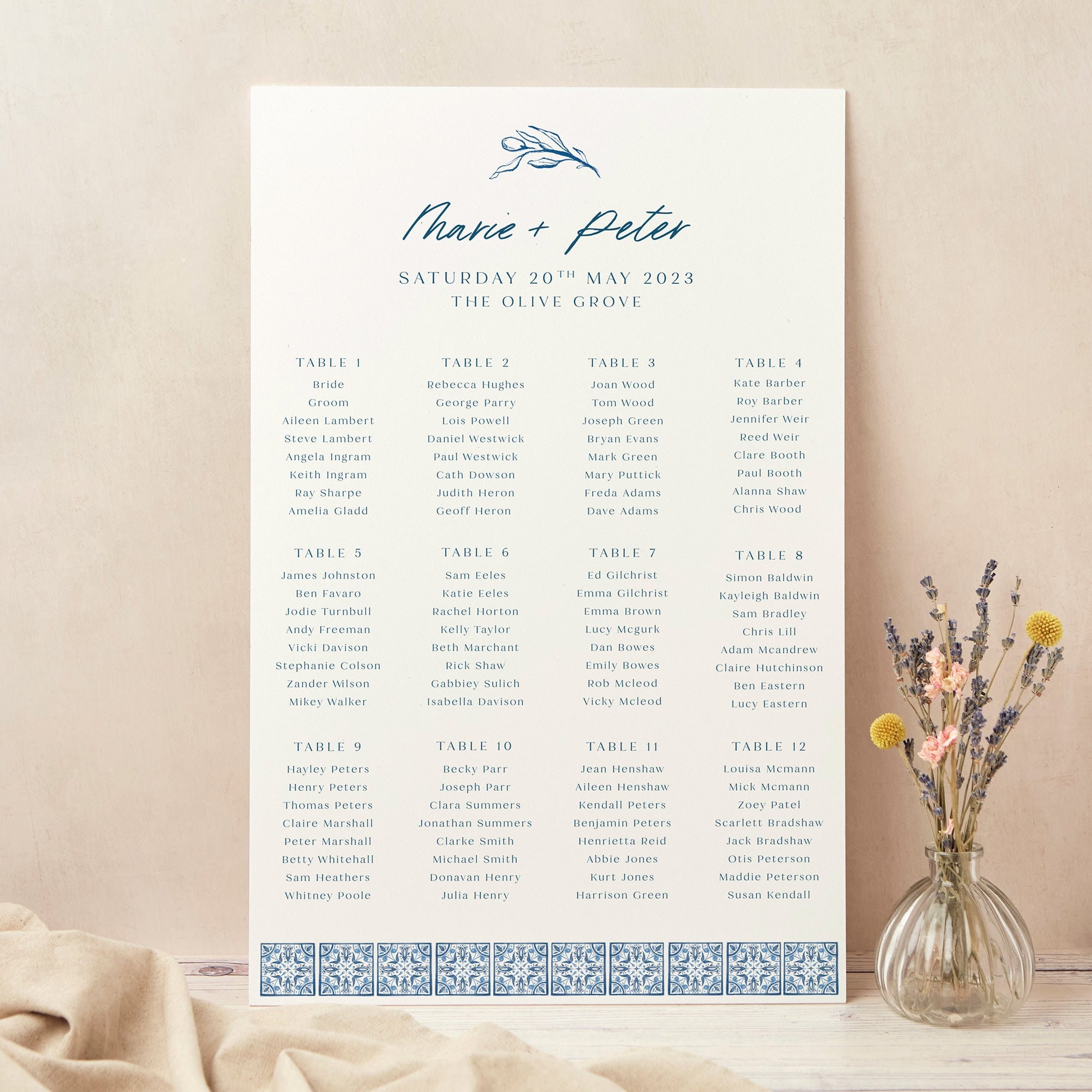 Wedding Table Plan, Seating Chart, Blue Tile Mediterranean