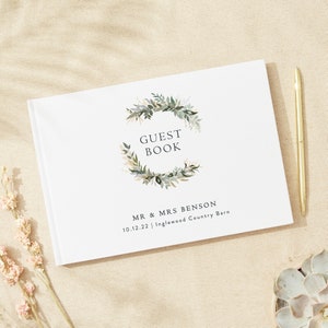 Winter Botanical Linen Guest Book - Personalised Guest Book - Custom Wedding Guestbook - Linen Landscape Wedding Book
