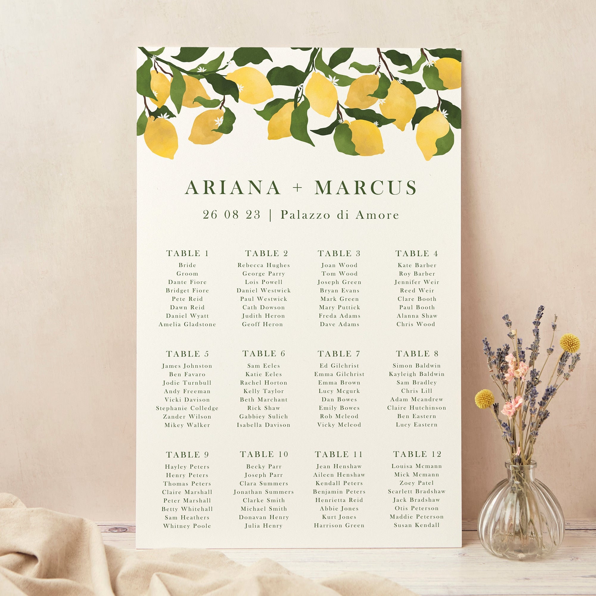 Wedding Table Plan, Seating Chart, Amalfi Lemons