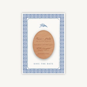 Bewaar deze datum-magneet bruiloft - in hout gegraveerde bewaardatum - bestemming bruiloft - blauwe tegel mediterraan