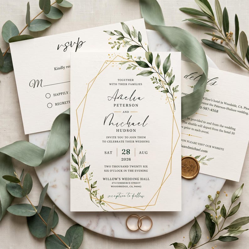 Sage Green Wedding Invitation Template, Botanical Greenery Gold Invite Sage Green Wedding Invitation Template, Botanical Greenery Gold Invite