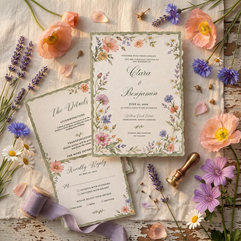 Wildflower Wedding Invitation Suite, Deckled Edge Colorful Floral Wildflower Wedding Invitation Suite, Deckled Edge Colorful Floral