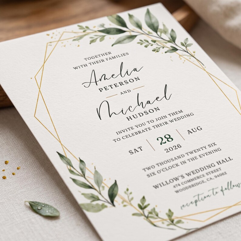 Sage Green Wedding Invitation Template, Botanical Greenery Gold Invite Sage Green Wedding Invitation Template, Botanical Greenery Gold Invite