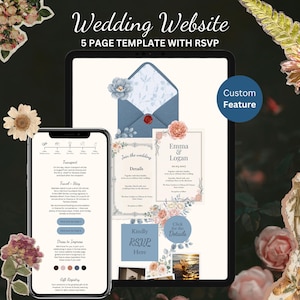 May include: A digital wedding website template displayed on a tablet and smartphone screen. The design features floral accents, an envelope with a wax seal, and text including Wedding Website 5 PAGE TEMPLATE WITH RSVP, Emma & Logan, and Kindly RSVP Here.