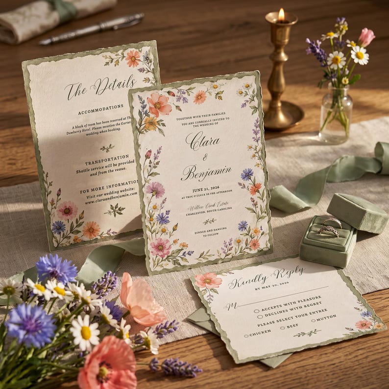 Wildflower Wedding Invitation Suite, Deckled Edge Colorful Floral Wildflower Wedding Invitation Suite, Deckled Edge Colorful Floral