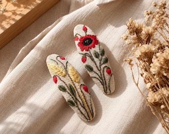 Hand Embroidered Floral Hair Clip, Poppy & Wheat Barrette, Cottagecore Hair Accessory, Botanical Gift for Her, Handmade Linen Clip for Women