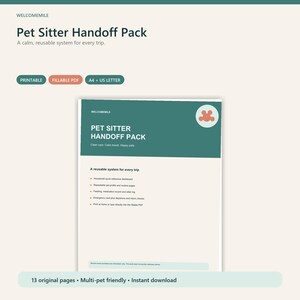 May include: A Pet Sitter Handoff Pack document featuring a teal header with white text reading Pet Sitter Handoff Pack, Clear care. Calm travel. Happy pets. It includes a list of features like a household dashboard, pet profile, and medication log.