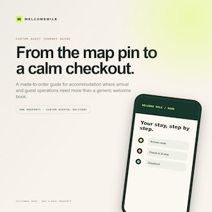 Peut inclure: Une interface numérique affichant le texte WELCOMEMILE, Custom Guest Journey Guide, From the map pin to a calm checkout, et un écran de smartphone présentant un menu avec les options Arrival route, Check-in & stay, et Checkout.