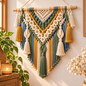Puede incluir: Un tapiz de macramé colgado de un soporte de madera, con intrincados patrones de nudos en color crema, amarillo mostaza, verde salvia y azul. El diseño incluye filas de pequeños nudos en forma de flor, flecos verticales y borlas grandes.