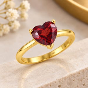 Red Heart Gemstone Ring in Gold Plated 925 Sterling Silver, Cute Solitaire Ring, Anniversary Gift, Romantic Jewelry for Women