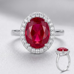 Simulated Ruby Halo Ring, Oval Red Stone Ring, Silver Artificial Cocktail Ring, Vintage Style Statement Ring for Women, Gift for Her