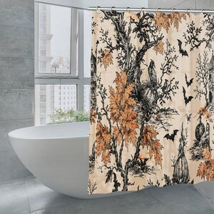 Vintage Gothic Halloween Shower Curtain, Spooky Haunted House Raven Bat Autumn Maple Leaf Art Bathroom Decor, Dark Academia Fall BathCurtain