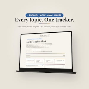 Può includere: Uno schermo di computer che mostra un tracker di revisione interattivo per la matematica Edexcel IGCSE 4MA1 Higher. L'interfaccia presenta il testo Every topic. One tracker. ed elenca vari moduli matematici con barre di avanzamento.