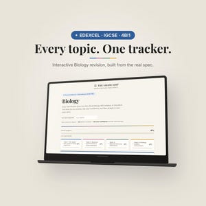 May include: A digital laptop screen displaying The Grade Edit Biology revision tracker for Edexcel IGCSE 4BI1. The interface features a progress bar at 0% and four distinct topic boxes labelled for nature, structure, reproduction, and ecology.