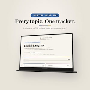 May include: A digital laptop screen displaying The Grade Edit interface for Edexcel IGCSE 4EA1 English Language revision. The screen shows a progress tracker with sections for Component 1 and Component 2, featuring text that reads Every topic. One tracker.