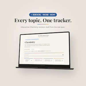 May include: A laptop screen displaying an interactive Chemistry revision tracker for Edexcel IGCSE 4CH1. The interface features the text 'Every topic. One tracker.' and 'The Grade Edit', with progress bars and topic boxes for Principles of Chemistry, Inorganic Chemistry, Physical Chemistry, and Organic Chemistry.