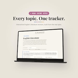 May include: A laptop screen displaying The Grade Edit English Literature revision tracker. The text reads: AQA GCSE 8702, Every topic. One tracker. Interactive English Literature revision, built from the real spec. The interface shows course setup options.