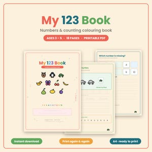 以下が含まれることがあります： 数字と数え方の学習ができる子供向けMy 123 Bookの印刷可能なPDF塗り絵。表紙には動物や果物のカラフルなイラストが描かれており、中ページには数字のなぞり書き練習や数遊びの課題が含まれています。