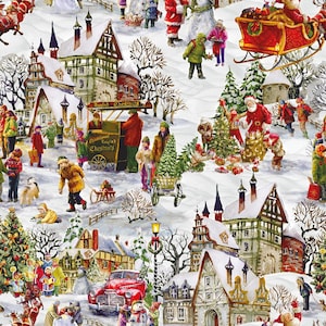Peut inclure: Un tissu imprimé festif représentant une scène de village enneigé avec des personnages, des enfants et le Père Noël. Le motif inclut des maisons à colombages, une voiture rouge, un chariot de marrons grillés, des sapins et un traîneau.
