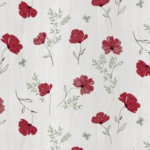 Könnte beinhalten: Ein sich wiederholendes Muster auf einem hellgrauen Holzmaserungshintergrund mit roten Mohnblumen im Aquarellstil, zarten grünen Blattzweigen und kleinen grauen Schmetterlingen, die über das gesamte botanische Design verteilt sind.