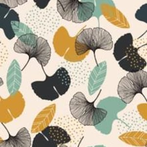 Peut inclure: Un motif répétitif sur fond crème clair représentant des feuilles de ginkgo stylisées en gris anthracite, jaune moutarde et vert sauge. Le design inclut des détails de feuilles dessinés au trait, des formes pleines et des textures pointillées.