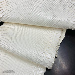 May include: A sheet of white snakeskin leather featuring a repeating, overlapping scale pattern with a smooth, glossy finish. The material is folded over itself, displaying the texture and the text BestExoticTannery in the corner.