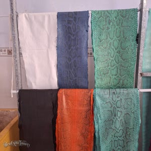 May include: Multiple rectangular sheets of dyed snakeskin leather hanging on a metal rack. The collection includes white, dark blue, green, black, orange, and teal skins, each featuring a distinct, natural scale pattern and texture.