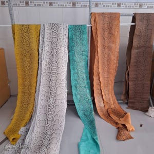 Puede incluir: Cinco tiras largas y rectangulares de piel de serpiente colgadas de un estante de metal. Las pieles presentan patrones de escamas distintos en amarillo, blanco y gris, turquesa brillante, marrón claro y marrón oscuro, con el texto BestExoticTannery.